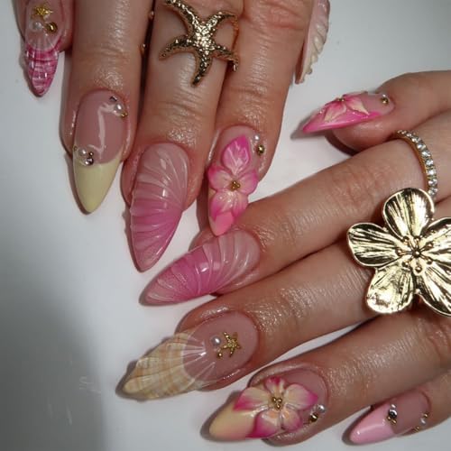 Summer Press On Nails Short Almond French Tip 3D Flower Gold Rhinestone - color: Style25