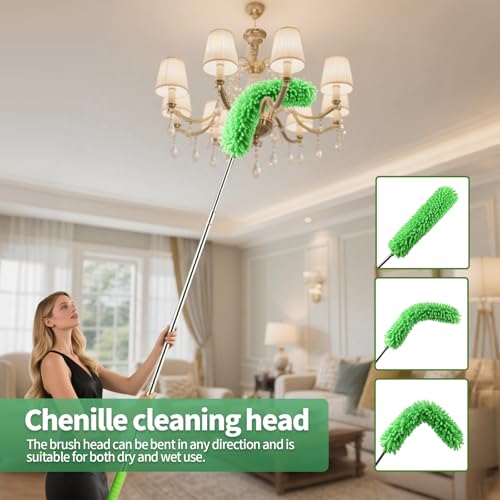 dusters for Cleaning extendable Long Handle，Webster Cobweb Duster with Extension Pole，Spider Web Remover Brush with Pole，Outdoor Web Cleaner Outside for use on Ceilings, cabinets, Walls, Light - color: Green