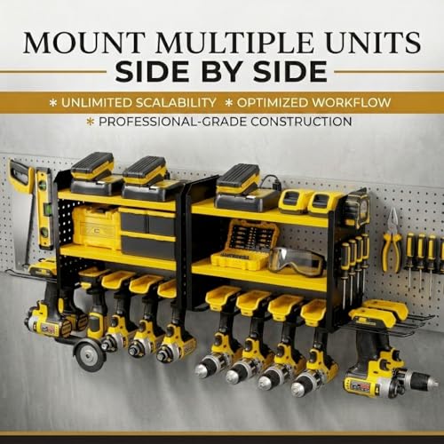 BUILTSTRONG Power Tool Organizer Wall Mount – 3-Tier Heavy-Duty Steel Rack, 6 Drill Slots, Dual Pegboard Sides, Side-by-Side Modular, 100 lb Capacity – Garage & Workshop (Yellow) - color: Yellow, size: 6 Drill Holder