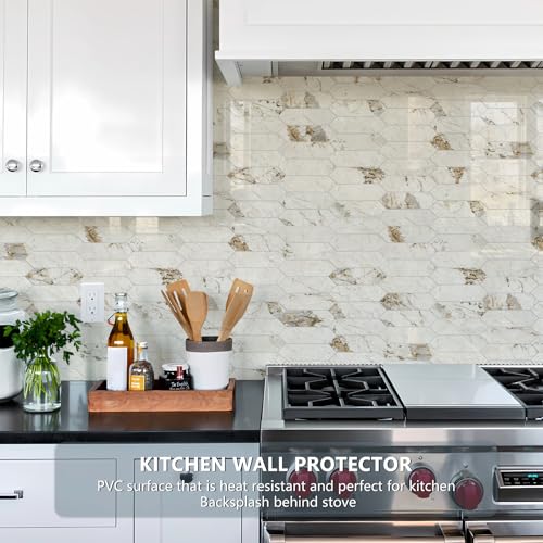 Vamos Tile Glossy Pandora Marble with Gold Veining Backsplash Tile Peel and Stick, 12.8 x 12.8 Inch 10 Sheets Long Hexagon PVC Self Adhesive Mosaic Tiles Stick on Backsplash for Kitchen and Bathroom - color: Glossy Pandora Marble with Gold Veining
