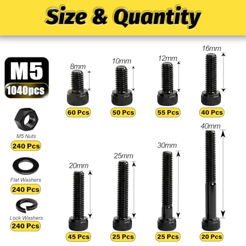 Kadrick M5 Screws Kit 1040PCS,M5x8mm-40mm Bolts with Nuts, Washers & Hex Wrench, Optimized Size Distribution, Class 12.9 Socket Head Cap M5 Screws, Black Zinc Plated, for Mechanical, Repair & DIY - size: M5 1040Pcs