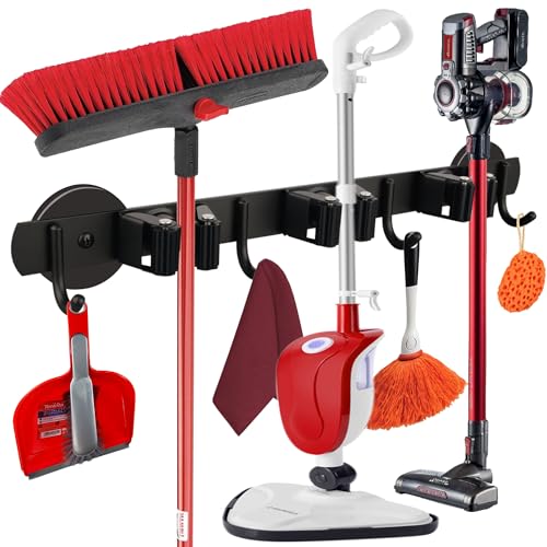 ULIBERMAGNET Magnetic Mop Broom Holder,Heavy Duty Movable Magnetic Broom Holder Rack,Anti-slip Wall Mounted Utility Storage Mop Shovel Hanger for Garage, Kitchen, Laundry, Garden(3 Racks / 4 Hooks) - style: 1 SET 3 Slot / 4 Hooks Magnetic Mop Rack