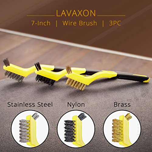 Lavaxon Wire Brush Set 3Pcs - Nylon/Brass/Stainless Steel Bristles with Curved Handle Grip for Rust, Dirt & Paint Scrubbing with Deep Cleaning – 7 Inches (Yellow) - color: Yellow
