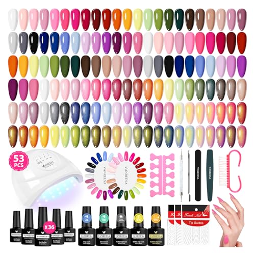 VANREESA Gel Nail Polish Kit with U V Light 53 Pcs Gel Polish Nail Set 36 Colors Nail Polish Set + Base and 4 Effects Top Coat with Manicure Tools Complete DIY Nail Kit Gifts for Women Girls - color: Charming Moments