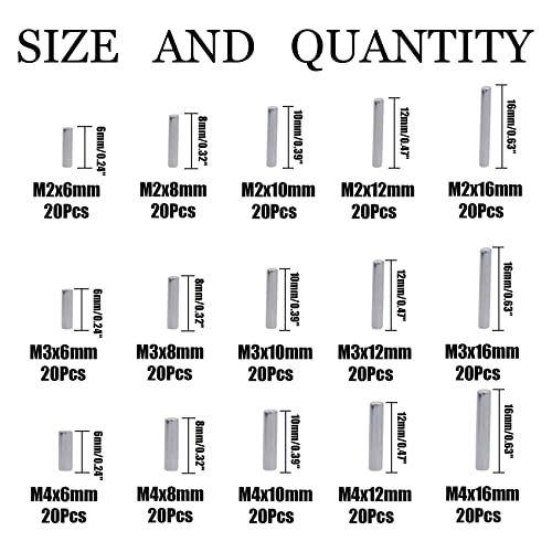 M2 M3 M4 Dowel Pin Assortment, 304 Stainless Steel Metal Pins 300-Piece