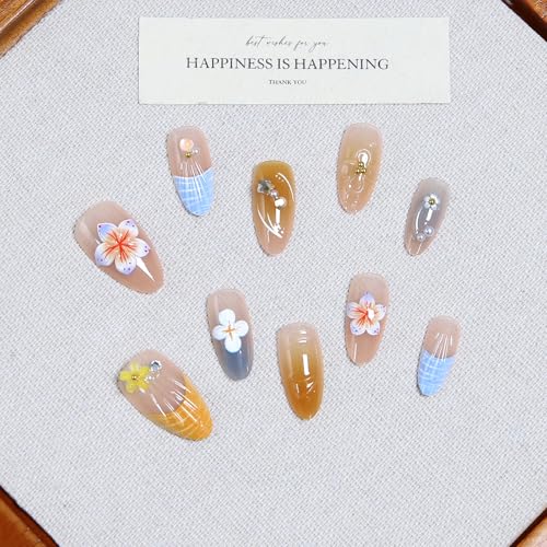 Press on Nails Almond Medium French Tip 3D Embossed Color Flower&Bead Design Fake Nails - color: 3D Embossed design 19