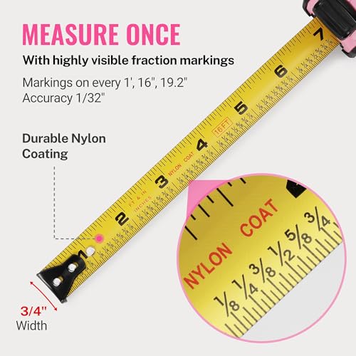 WORKPRO 16-FT Tape Measure with Fractions, 3 Brakes Retractable Measuring Tape, Compact Measurement Tape with Magnetic Hook, Nylon Coating Blade Accuracy 1/32”, Pink - size: 16-FT