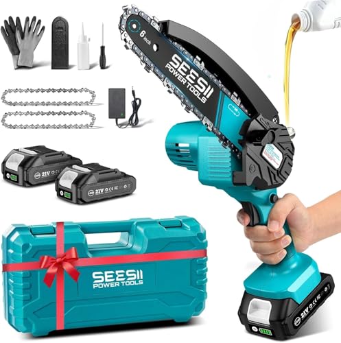 SEESII 6-Inch Mini Chainsaw Cordless with Oiler System - color: Light Blue