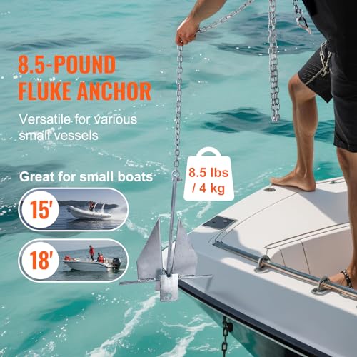 VEVOR Fluke Style Anchor Kit,Hot-Dipped Galvanized Steel Fluke Anchor with 7.9' Chain - size: 8.5 lbs