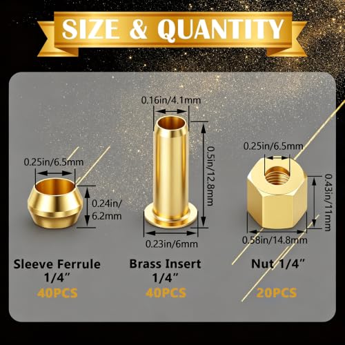 100PCS 1/4" Brass Compression Fittings Assortment kit, Insert, Sleeve Ferrule, Nut for Connecting air, Fuel, Water, Oil and inert Gases Lines - size: 1/4" (100PCS), style: Compression Fittings
