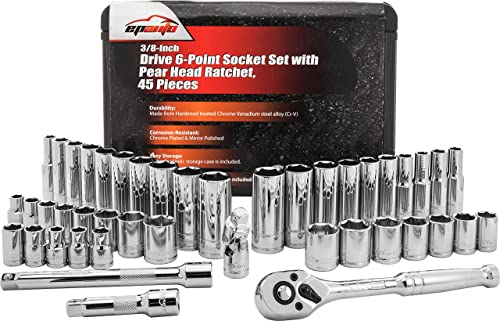 EPAuto 45 Pieces 3/8" Drive Socket Set with 72-Tooth Pear Head Ratchet - size: 45 Pieces
