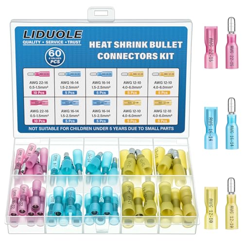 Heat Shrink Bullet Wire Connectors Kit 22-10AWG Male and Female Bullet Connector Set for Marine Automotive Stereo Wiring (Pack of 60PCS)