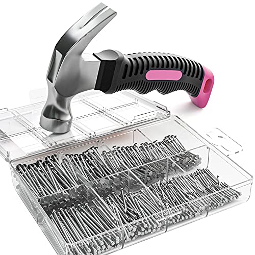 INCLY 620PCS Small Nails for Hanging Pictures with 8oz Pink Small Hammer | 310 Wall Nails & 310 Finishing Nails, Mini Hammer and Nails Set for Women, For Hanging Wall Art Decor, Picture Frame, DIY