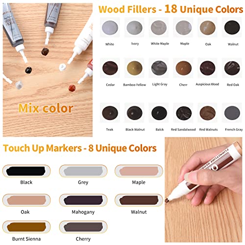 Wood Floor Scratch Repair - Set of 39 - Hardwood Floor Repair Kit Wood Filler Putty, Wood Markers Furniture Repair Kit Touch Up Pens for Scratch Stain Hole, Restore Laminate Vinyl Veneer Cabinet
