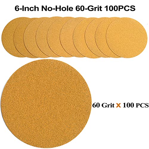 6-Inch No-Hole Hook and Loop Gold Sanding Discs 60-Grit, 100-Pack - size: 60 Grit