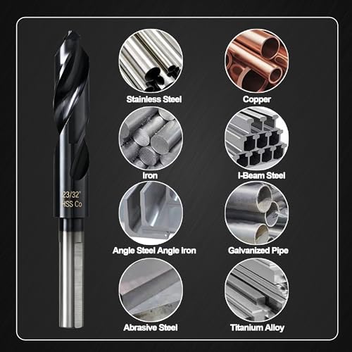 23/32 Drill Bit for Metal and Hardened Steel, M35 Cobalt 1/2 Inch Reduced Shank Industrial Grade Heavy Duty Drill Bit, with Index Storage Case - size: 23/32 in