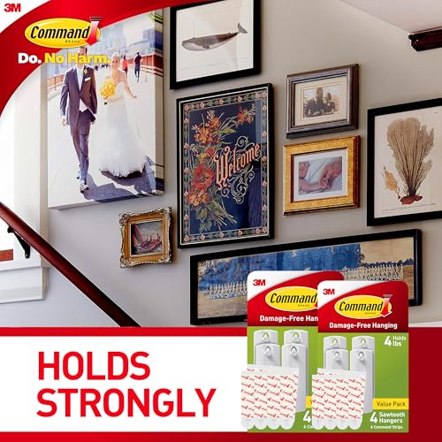 Command Sawtooth Picture Hangers, Damage Free Hanging Frame Hangers, No Tools Wall Hooks for Hanging Sawtooth Frames in Living Spaces, 8 White Picture Frame Hangers and 16 Command Strips - size: 2 Pack
