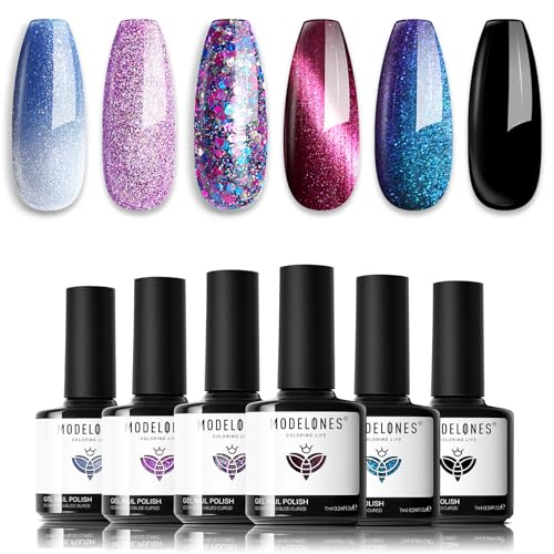 modelones Color Changing Cat Eye Gel Nail Polish Set, 6 Colors Glitter - color: A A5 Cat Eye Special Gel