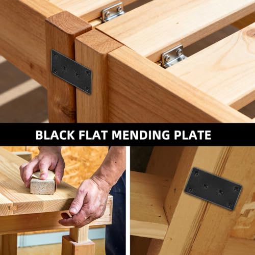 4 Pack Black Flat Mending Plates Steel Stainless Flat Bracket Mending Plate for Wood Furniture Fixing Metal Straight Brace Brackets with Screws Joining Brackets for Furniture Corner Repair (Black)