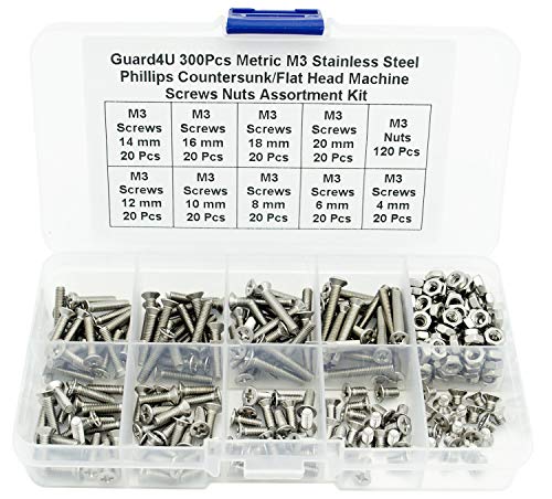 300Pcs Metric M3 Stainless Steel Phillips Countersunk/Flat Head Machine Screws Nuts Assortment Kit- M3x 4mm/ 6mm/ 8mm/ 10mm/ 12mm/ 14mm/ 16mm/ 18mm/ 20mm - size: M3