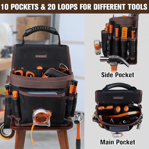 Small Tool Pouch with Belt, 10 Pockets, Carry Handle