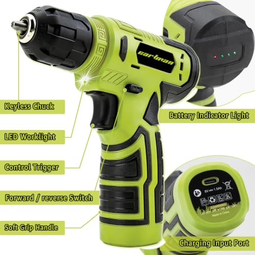 CARTMAN 150PCS 8V Cordless Drill Hand Tool Set, Green Household Repair Kit - color: Green