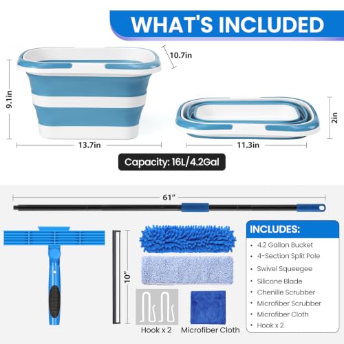 Window Cleaning Kit with Collapsible Bucket 4.2 Gallon, Professional 69" Window Squeegee Cleaner Tool with Extension Pole, Window Washing Equipment Cleaner Tool for Home Outdoor Commercial Use