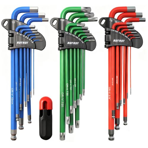 28-Piece Hex Key Allen Wrench Set, SAE & Metric Star Long Arm Ball End Hex Key Set with Bonus Torque Handle, Industrial Grade Allen Wrench Set