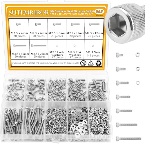 565 Pieces M2.5 Screws Nuts Washers Set, Sutemribor M2.5 x 4/6/8/10/12/16/20mm Hex Socket Head Cap Screws Nuts Washers Assortment Kit, 304 Stainless Steel, Fully Threaded - size: M2.5, style: Socket Head