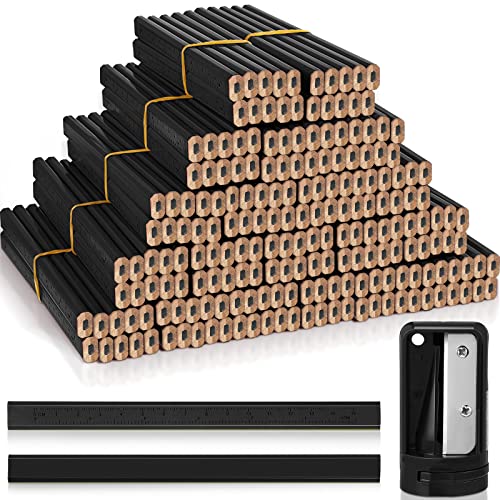 Honoson 200 Pcs Flat Construction Pencils with Printed Ruler Wood Graphite 2 Pcs Carpenter Pencil Sharpener for Woodworking Marking Tool(Black) - color: Black