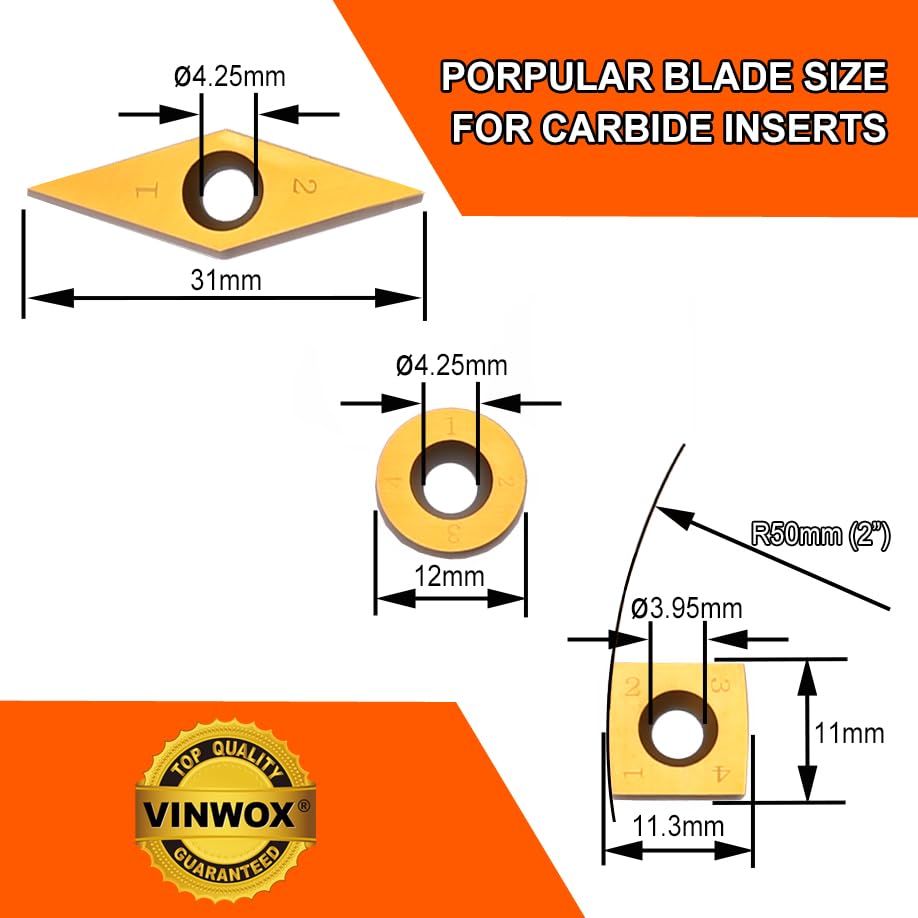 TITANIUM Coated Replacement Wood Turning Carbide Tip Set for VINWOX 3 PCS & 4 PCS Carbide Turning Tool Set, 2 of each Finisher (big and small size), Detailer, 4 of 2" Straight/Radius Combo, Pack of 10 - size: Blade
