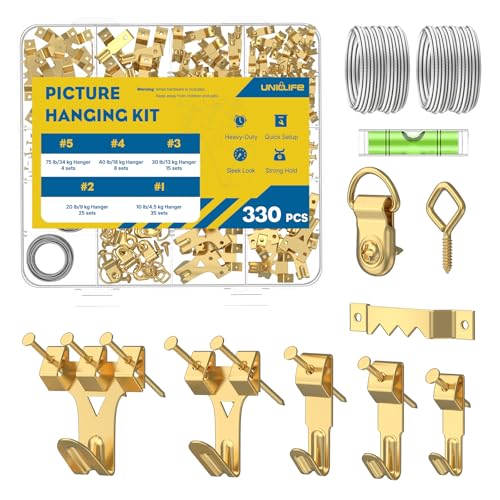 Uniclife 330 Pcs Heavy Duty Picture Hanging Kit, Picture Hanging Hooks,Gold - style: Gold