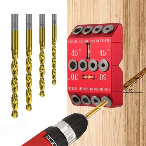 30 45 90 Degree Angle Drill Guide Jig for Hand Drill, Angle Drill Guide for Straight Holes and Angle Drilling, used for Stairs Handrails, Cable Railings, Decks, and Wood Posts Level design，with 4 Bits - color: Aluminum Red