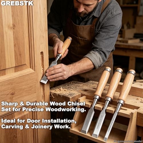 GREBSTK 4 Piece Wood Chisel Set CR-V Steel Sharp Bevel Edge for Woodworking