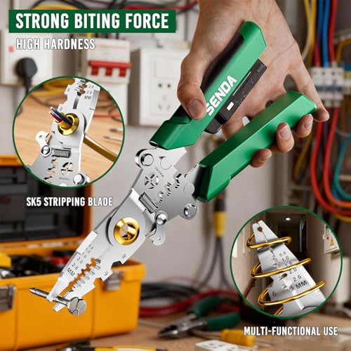 12 in 1 Foldable Wire Stripper with Electricity Measurement Function & Dual Alarms Multifunctional Professional Electrician's Pliers Cable Stripping Pliers (Green, Wire Stripper (Centre Split) 8.5") - size: Wire Stripper (Centre Split) 8.5"
