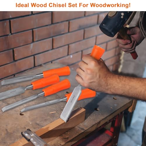 5 Piece Wood Chisel Sets Woodworking Tools Set, Wood Chisels for Woodworking with Steel Hammer End, Wood Tools Chisel Set Woodworking with Ergonomic Plastic Handle, 6mm, 12mm, 18mm, 24mm, 32mm - size: 5 Pack