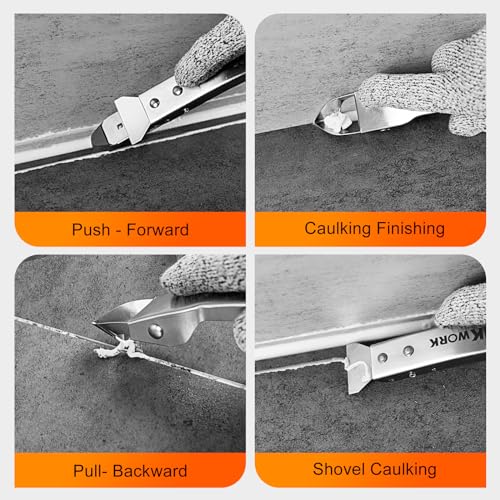 4 in 1 Silicone Caulking Tool Kit, Stainless Steel Caulk Remover Tool | for Various Surfaces, 3 Caulk Fishing Tool, 5 Replaceable Silicone Pads, Protective Gloves, Remove, Apply & Finish Caulk - color: Silver-2