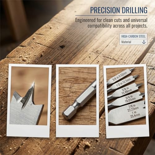 6PCS Spade Drill Bit Set, 3/8" to 1" Paddle Flat Bits Set, Wood Drill Bits with Quick Change Hex Shank, Wood Hole Cutter for Woodworking