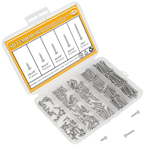 215 Pieces #4 x 3/8" 1/2" 5/8" 3/4" 1" Wood Screws Set, Phillips Pan Head #4 Self-Tapping Screws Assortment Kit, 304 Stainless Steel - size: #4, style: Phillips Pan Head