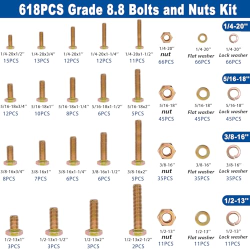 Taiss Grade 8.8 Bolts and Nuts Assortment Kit,1/4-20,5/16-18,3/8-16,1/2-13 Heavy Duty SAE Hex Bolts and Nuts & Flat/Lock Washer Kit,Carbon Steel Zinc Plated,with Handheld Box 618PCS - color: Gold-618PCS