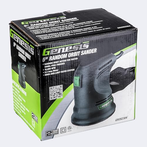 Genesis GROS2304 5" Random Orbit Sander with Rubberized Palm Grip, Hook-and-Loop System, Dust Bag, and Dust-Protected Power Switch - style: Random Orbit Sander
