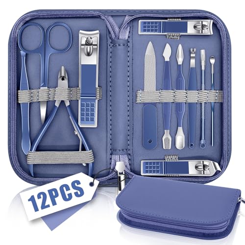 Manicure Set Professional Nail Clippers Pedicure Kit, 12 Pcs Stainless Steel Nail Care Tools Grooming Kit with Luxurious Travel Leather Case for Men Women Gift (Blue) - color: blue