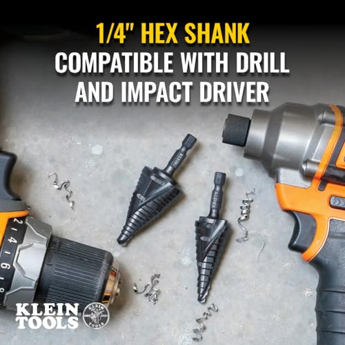 Klein Tools QRST14 Step Drill Bit, Quick Release, Spiral Double-Fluted, 3/16 to 7/8-Inch, Hex Shank, Cut Steel, Wood, Plastic, Aluminum - size: 3/16 to 7/8-Inch, style: Quick Release