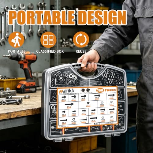 mankk 700PCS M6 Flange Bolt and M6 Button Head Hex Socket Cap Screws Assortment Kit M6×1.0 (10mm to 35mm) Metric Grade 10.9 Alloy Steel Class Hex Bolts and Nuts Washers Kit - color: Black-700PCS M6