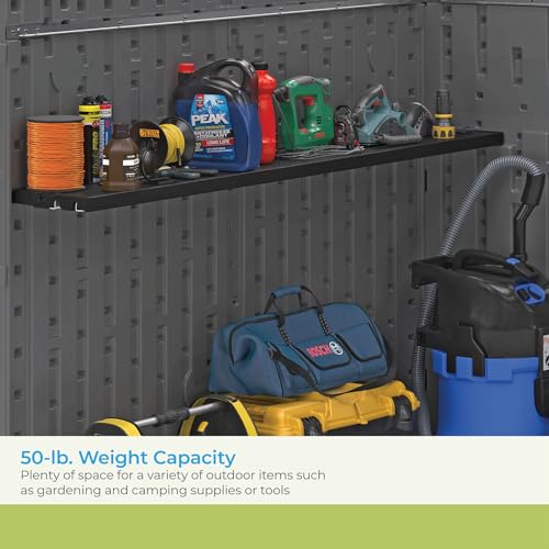Suncast Horizontal or XL Vertical Shed Shelf Kit, Space Saving Shelving for Wall Mount Outdoor Storage Structures, 67" W x 10.25" D x 1.25" H, Black