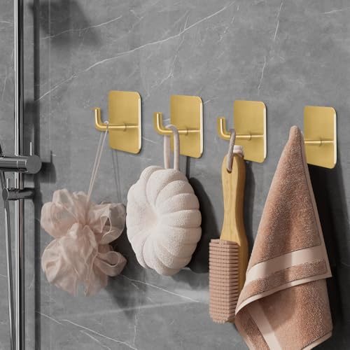 Adhesive Hooks for Bathrooms, 4 Piece Towel Hooks for Hanging Hat Robe Coat, Stick on Hooks for Kitchens, Strong Self-Adhesive No Damage Waterproof Stainless Steel Sticky Hook (Gold) - color: Square-A-Gold