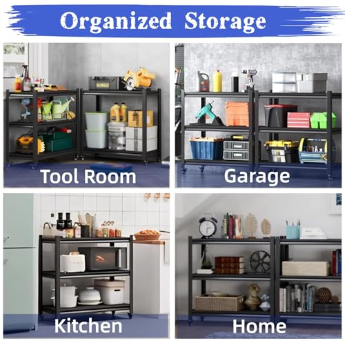 330LBS Workbench on Wheels, 3-Tier Metal Garage Storage Shelves, Adjustable Heavy Duty Rolling Utility Cart for Warehouse Workshop Basement Pantry Kitchen, 31.5"x15.8"x31.5",Black