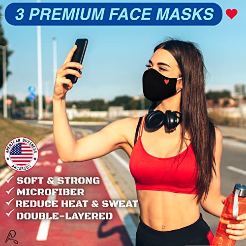 Arcarius Breathable Sports Face Mask – Moisture Wicking Gym & Travel Fit (3-Pack) - color: Red Heart on Black