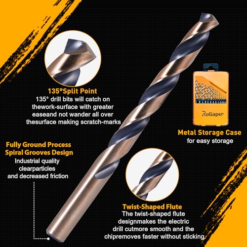 29Pcs Drill Bit Set, 135 Tip HSS with Black and Gold Finish, Metal Twist Jobber Drill Bit Kit for Hardened Metal, Steel, Plastic, Wood with Indexed Storage Case, 1/16" - 1/2" - style: HSS-29PCS