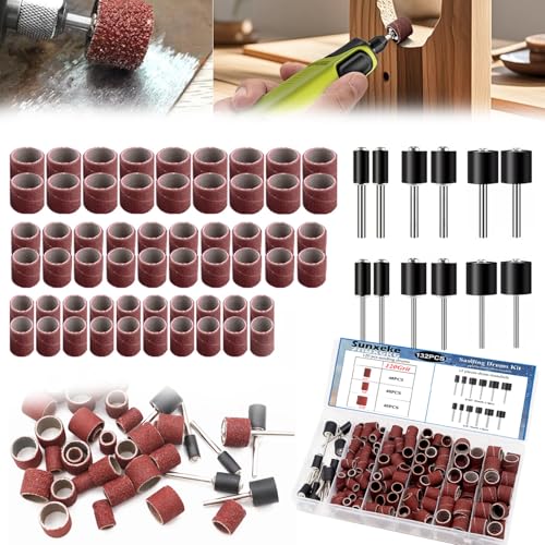 Sanding Drum Set for Most Rotary Tools-Includes 120 Aluminum Oxide Sanding Sleeves for Drum Sanders(120Grit) and 12 Drum Mandrels-Sanding Bits Tool Accessories with Box - size: 132PCS